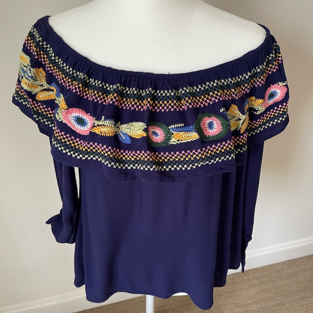 Chic Off-Shoulder Navy Embroidered Blouse - Size M